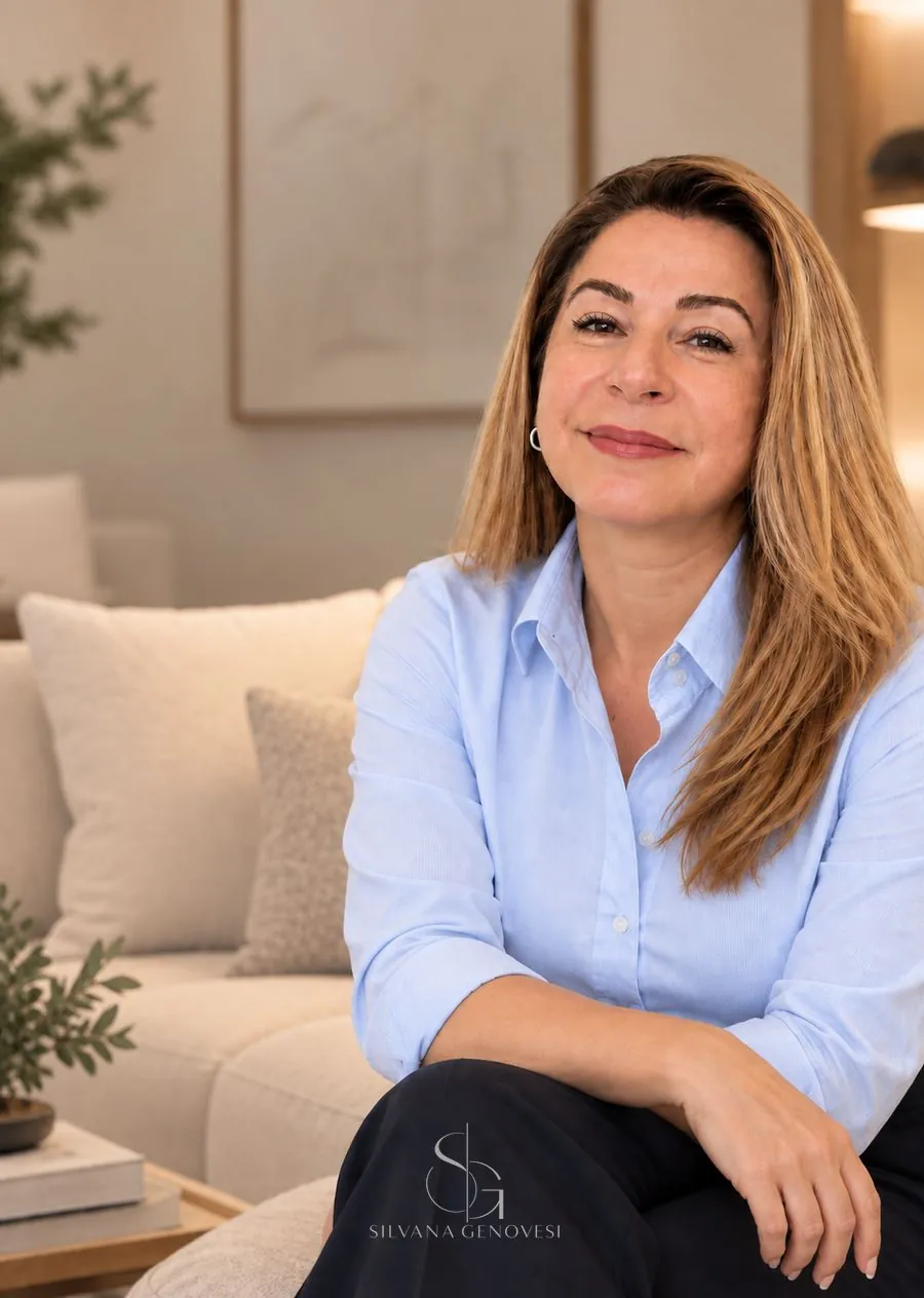 Silvana Genovesi, designer de interiores e mobiliário, sentada em uma sala de estar clara